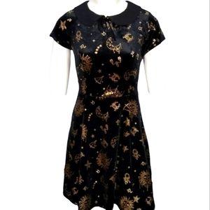 Collectif x Modcloth Black Velveteen Zodiac Print Fit & Flare Skater Dre…